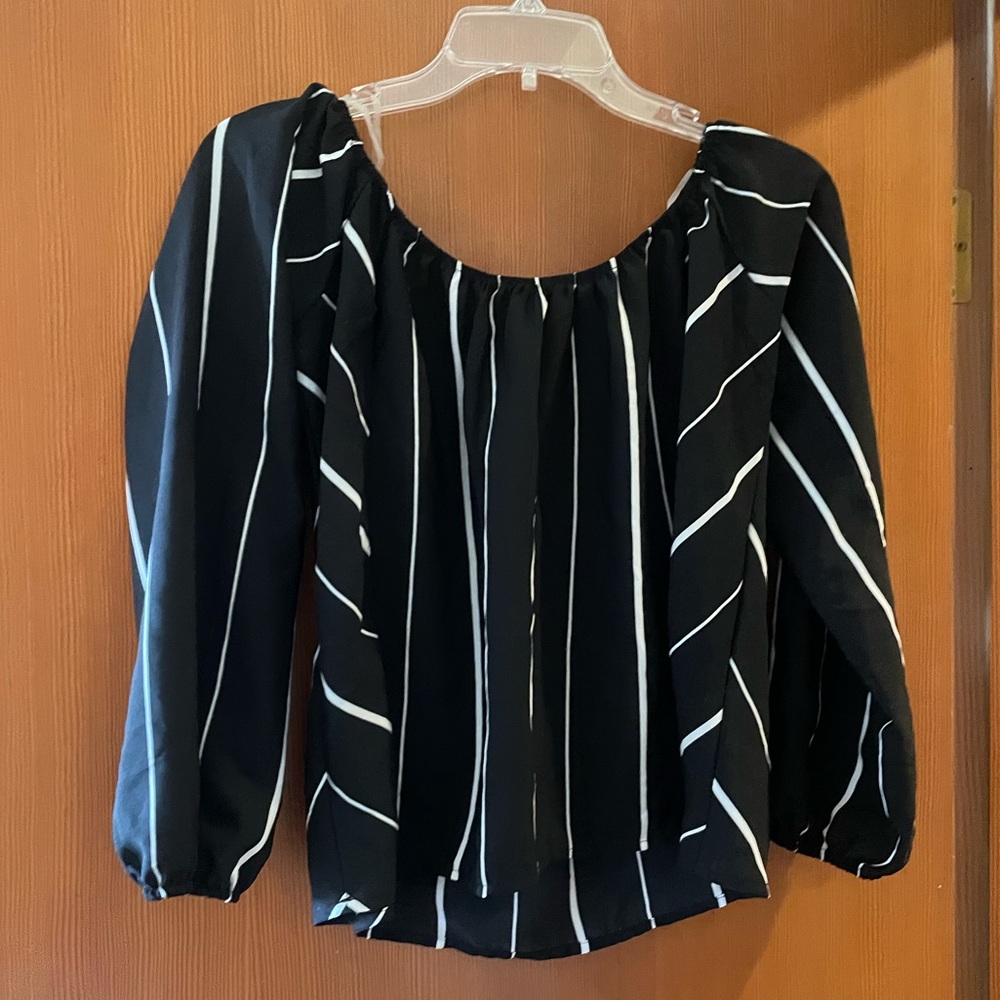Off the shoulder navy striped blouse